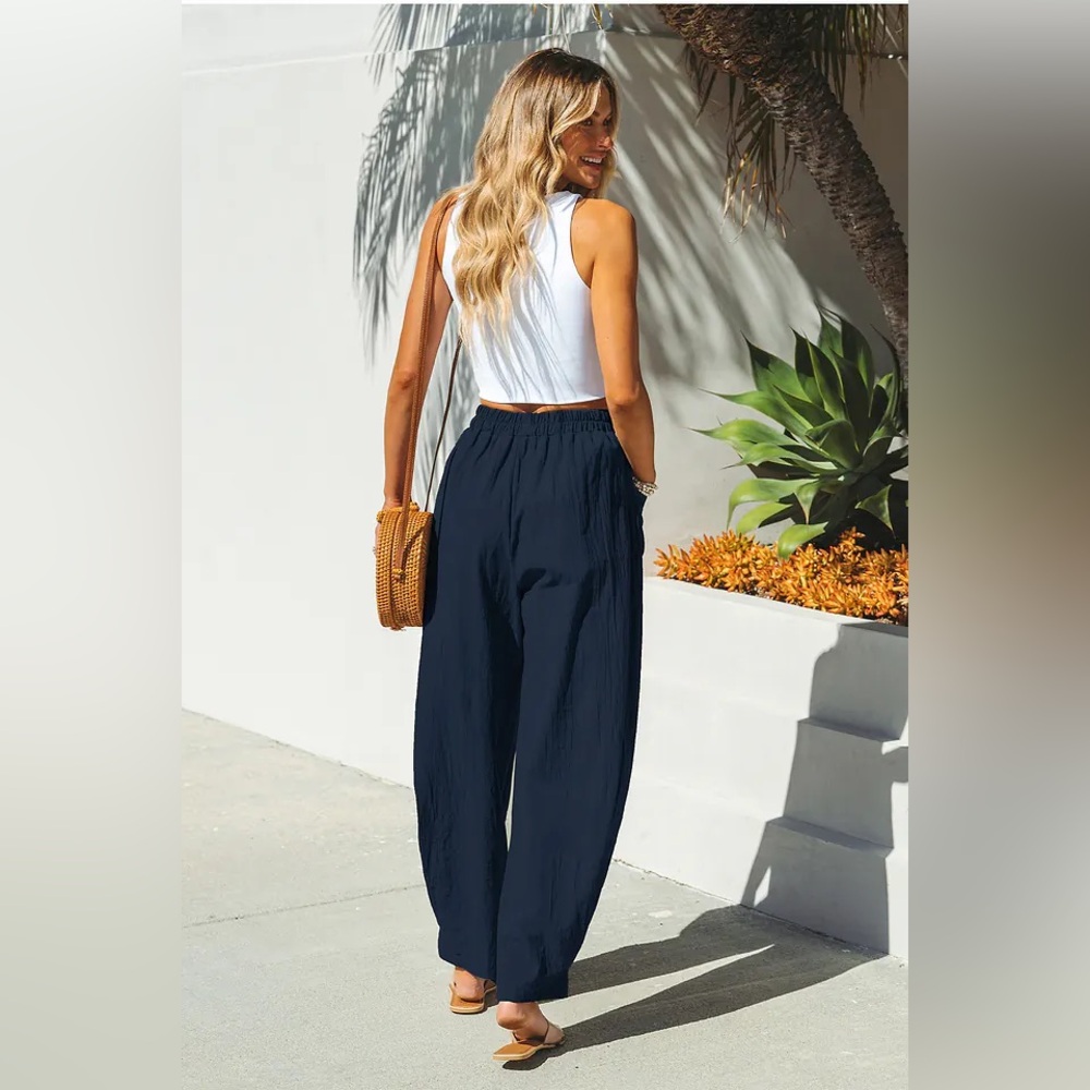 Cupshe Navy Wide Leg Drawstring Pants - Picture 2 of 5